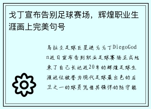戈丁宣布告别足球赛场，辉煌职业生涯画上完美句号