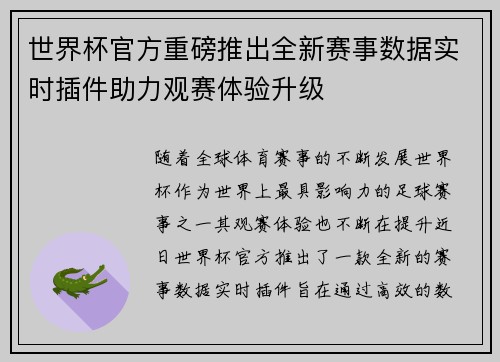 世界杯官方重磅推出全新赛事数据实时插件助力观赛体验升级